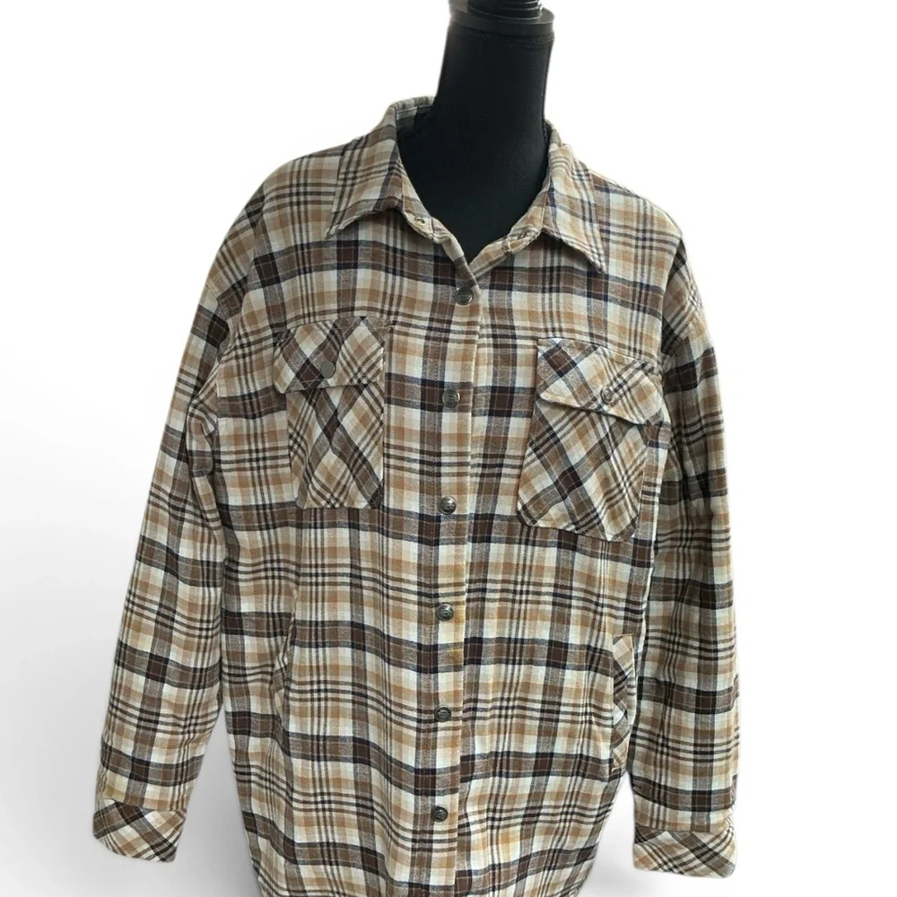 Dickies Men's Plaid Shirt Jacket in Brown and Tan